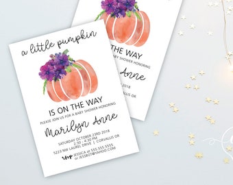 Little Pumpkin Baby Shower Invitation, baby shower invite, pumpkin baby shower invite, fall baby shower, pumpkin watercolor