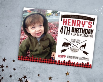 Lumberjack Birthday Photo Invitation, lumberjack birthday party invitation, Buffalo Plaid,  woodland Camping invite,  Photo invite