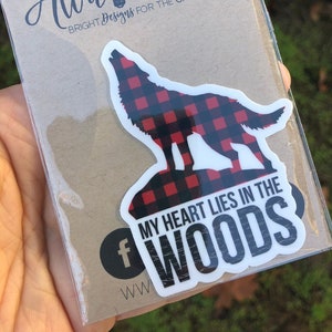 My heart lies in the woods sticker, mountain sticker, wolf stickers, outdoorsy gift, adventure decal, camping sticker, buffalo plaid sticker