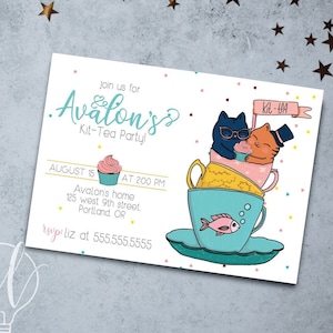 Kit-Tea Party Birthday Invitation, Tea Party Birthday, Kitty Tea Party Invitation, Tea Party Invite, Birthday Tea Party, Girls Birthday