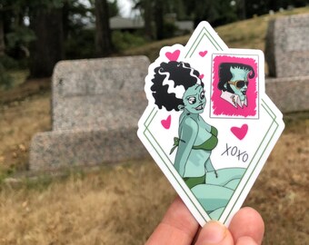 Frankenstein has a new bride halloween sticker, 1950s pin up sticker, Elvis stickers, halloween water bottle stickers, laptop sticker