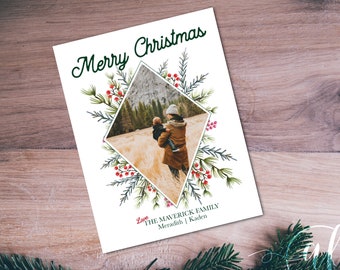 Personalized Photo Christmas Card, Merry Christmas Card, Vintage Florals Holiday Card, Family photo card, custom family holiday card