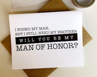 Will you be my Man of Honor card? Be My Man of honor wedding card, Man of honour card, Man of honor proposal card, wedding party card