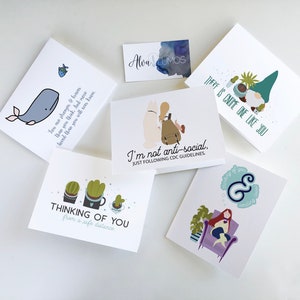 Assorted set of 5 Thinking of you cards, Just because card for friend, funny miss you card, support greeting cards, friendship card