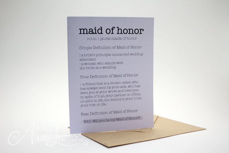 Funny Maid of Honor Proposal Card Maid of Honor dictionary definition card Be my maid of honor will you be my maid of honor image 2