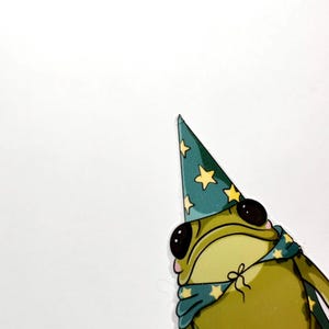Pu&ograve; includere: Una rana verde che indossa un cappello da mago blu con stelle gialle e un mantello blu con stelle gialle. La rana ha grandi occhi neri e un naso rosa.