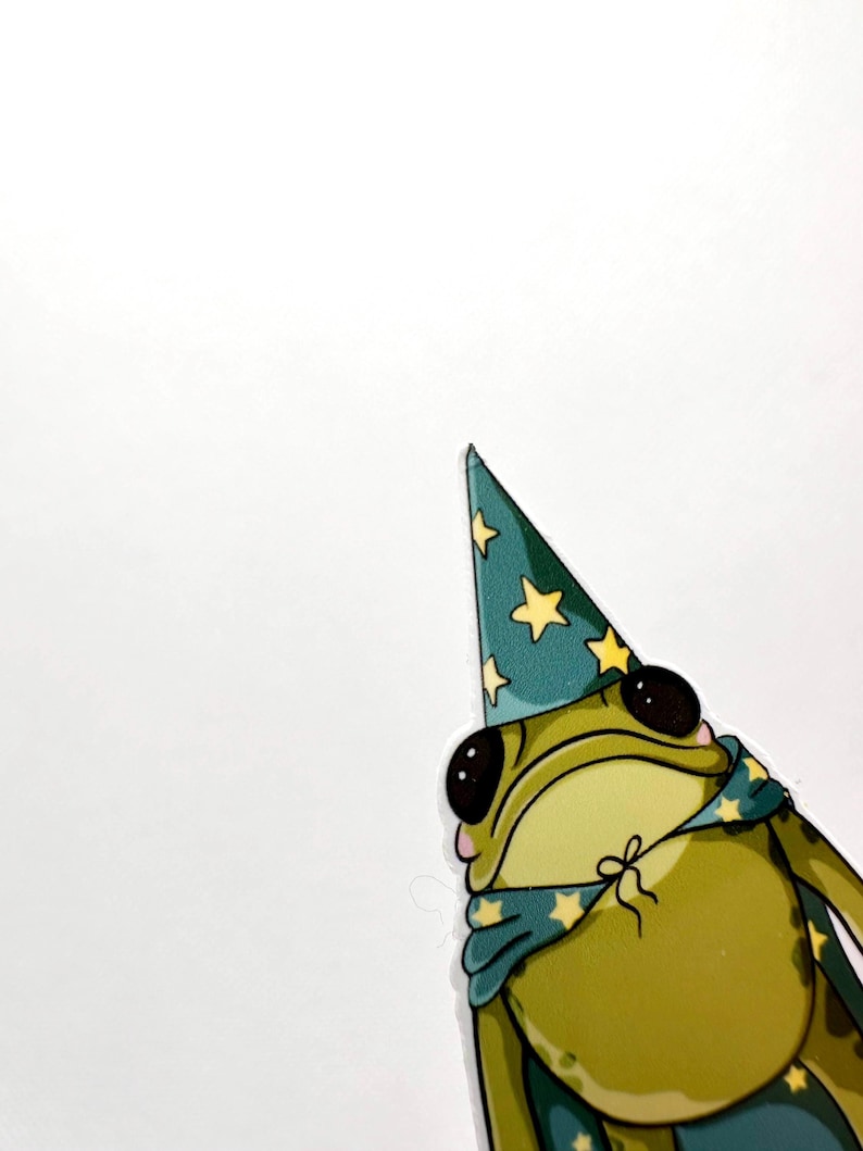 Pu&ograve; includere: Una rana verde che indossa un cappello da mago blu con stelle gialle e un mantello blu con stelle gialle. La rana ha grandi occhi neri e un naso rosa.