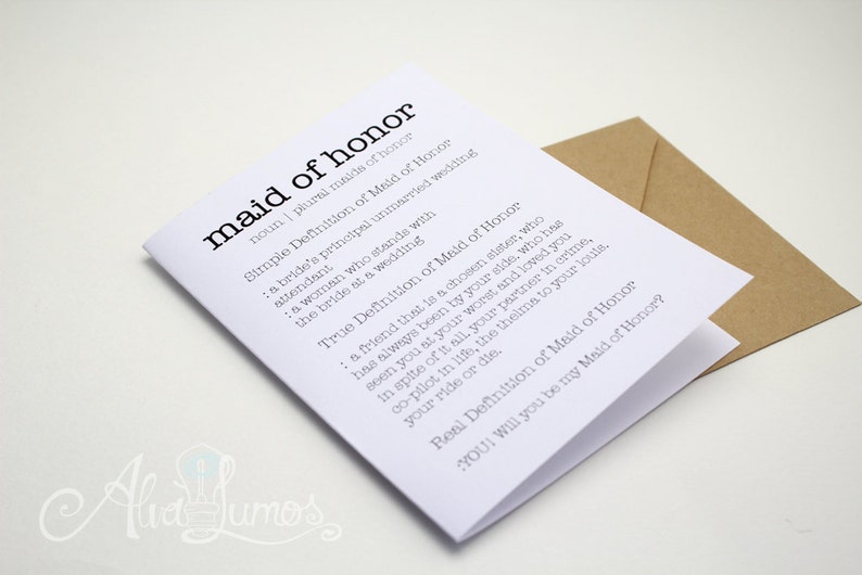 Funny Maid of Honor Proposal Card Maid of Honor dictionary definition card Be my maid of honor will you be my maid of honor image 1