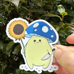 Cute mushroom holding a sunflower sticker, laptop decal, vinyl decal, phone sticker, waterproof sticker, water bottle sticker