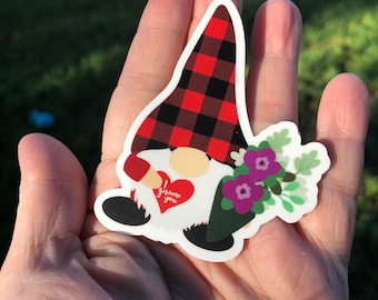 Valentines Gnome sticker, garden gnome sticker, buffalo plaid gnome vinyl decal, cute stickers, valentine stickers, woodland forest