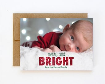 Merry and Bright Photo Christmas Card - red glitter - digital file - Photo holiday card - Red Glitter holiday card
