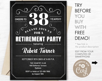 Retirement Party Invitation - ANY Year. INSTANT DOWNLOAD Digital Template. Chalkboard Black White.