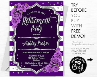 May include: Purple and silver retirement party invitation with a white and purple striped background. The invitation features a silver glitter frame with a purple background and text that reads "Please join us for a Retirement Party Honoring Ashley Parker". The invitation also includes a date, time, and location for the party. The invitation is decorated with purple roses and silver glitter.