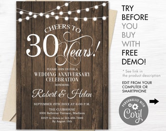 30th Anniversary Invitation: Rustic Wood, Editable Template (Digital Download)
