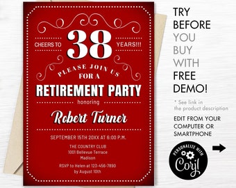 Retirement Party Invitation - ANY Year. INSTANT DOWNLOAD Digital Template. Red White.