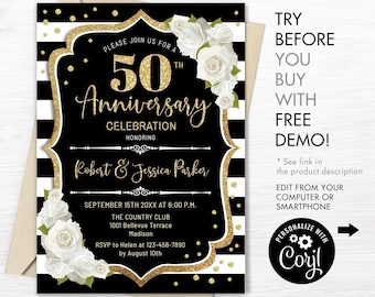50th Wedding Anniversary Invitation - INSTANT DOWNLOAD Digital Template. ANY Year. Black White Stripes. Floral Glitter Gold Roses Invite