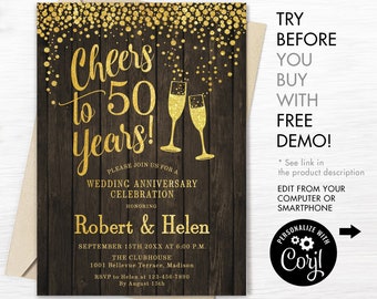 50th Wedding Anniversary Party Invitation. INSTANT DOWNLOAD Editable Digital Template. Any Years of Marriage. Rustic Wood Gold. DIY