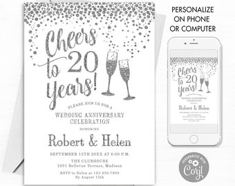 May include: Silver glitter wedding anniversary invitation with a champagne toast graphic. The invitation reads "Cheers to 20 Years!" and includes the names "Robert & Helen" and the date "September 15th 20XX at 6:00 P.M."