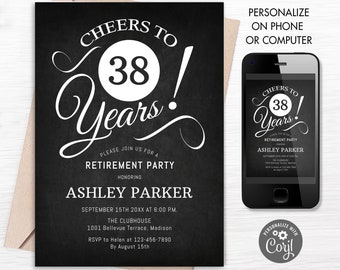 Retirement Party Invitation - ANY Year. INSTANT DOWNLOAD Digital Template. Black White. Chalkboard