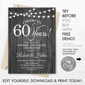 Invitation à la fête d’anniversaire de mariage 60th - TÉLÉCHARGEMENT INSTANTANÉ Modèle numérique modifiable. Toutes les années de mariage. Motif de bois gris blanc. BRICOLAGE