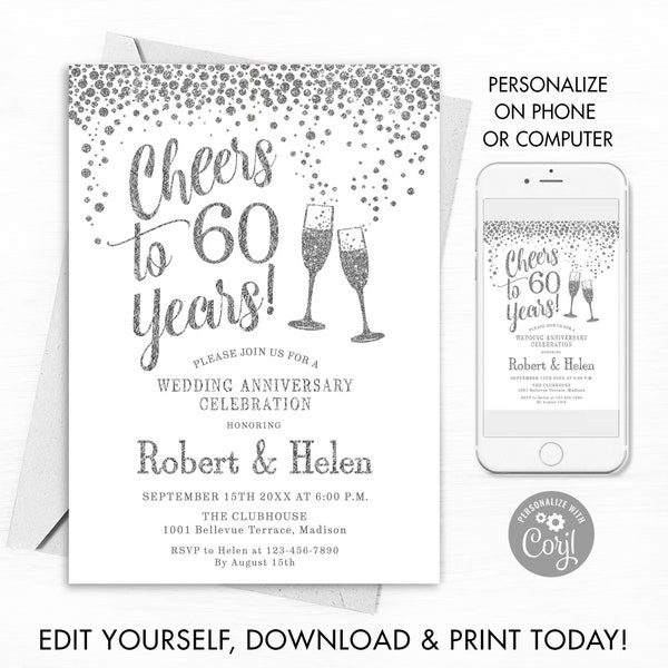 60th Wedding Anniversary Party Invitation. INSTANT DOWNLOAD Editable Digital Template. Any Years of Marriage. Silver White. DIY