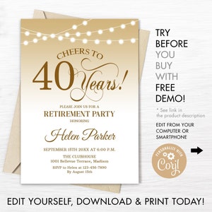 Retirement Party Invitation. Any Year. INSTANT DOWNLOAD DIY Digital Template. String Lights. Gold White Invite