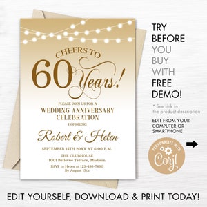 Invitation à la fête d’anniversaire de mariage 60th - TÉLÉCHARGEMENT INSTANTANÉ Modèle numérique modifiable. Toutes les années de mariage. Or Blanc. BRICOLAGE