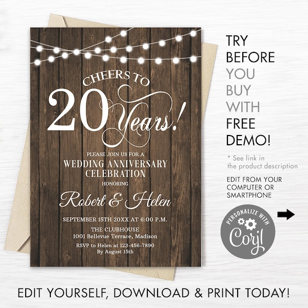 20th Wedding Anniversary Party Invitation - INSTANT DOWNLOAD Editable Digital Template. Any Years of Marriage. Wood Pattern White. DIY