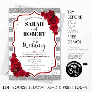 Wedding Invitation - INSTANT DOWNLOAD Digital Template. Glitter Silver White Stripes Red Roses Invite