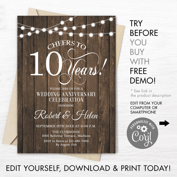 10th Wedding Anniversary Party Invitation - INSTANT DOWNLOAD Editable Digital Template. Any Years of Marriage. Wood Pattern White. DIY