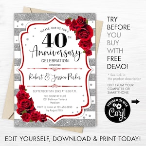 40th Wedding Anniversary Invitation - INSTANT DOWNLOAD Digital Template. ANY Year. Stripes. Floral Glitter Silver Red Roses Invite