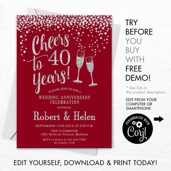 40th Wedding Anniversary Party Invitation. INSTANT DOWNLOAD Editable Digital Template. Any Years of Marriage. Ruby Red Silver. DIY