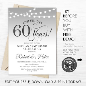 Invitation à la fête d’anniversaire de mariage 60th - TÉLÉCHARGEMENT INSTANTANÉ Modèle numérique modifiable. Toutes les années de mariage. Blanc argenté. BRICOLAGE
