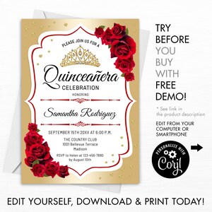 Quinceanera Invitation - INSTANT DOWNLOAD Digital Template. Glitter ...