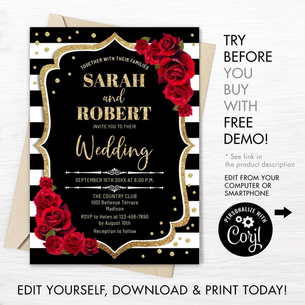 Wedding Invitation - INSTANT DOWNLOAD Digital Template. Black White Stripes Glitter Gold Red Roses Invite