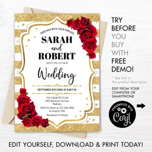Hochzeitseinladung - INSTANT DOWNLOAD digitale Vorlage. Glitzer Gold weiß Streifen rote Rosen einladen