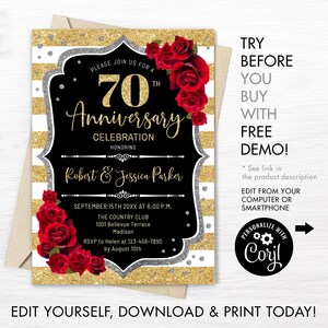 70e huwelijksverjaardag uitnodiging - INSTANT DOWNLOAD digitale sjabloon. ELK jaar. Zwart witte strepen. Bloemen Glitter Goud Rode Rozen Uitnodigen