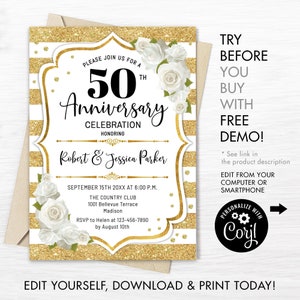 Invitación para el 50.º aniversario: Plantilla floral dorada con purpurina (descarga digital)