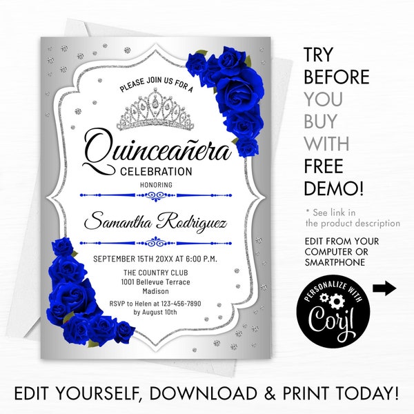 Royal Blue Silver Quinceanera Invitation Etsy