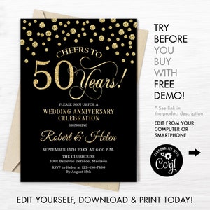 Einladung zum 50. Hochzeitstag - INSTANT DOWNLOAD bearbeitbare digitale Vorlage. Alle Jahre der Ehe. Schwarz Gold. DIY