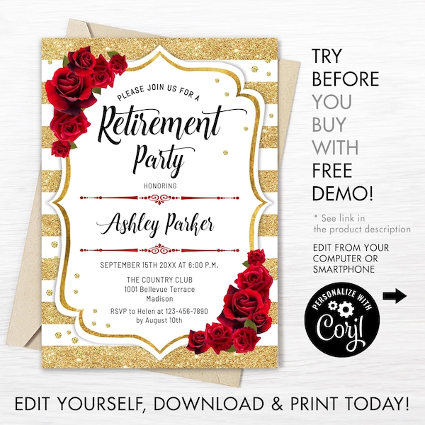 Retirement Party Invitation - INSTANT DOWNLOAD Digital Template. Gold White Stripes Red Roses. Floral Invite