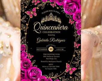 Fuchsia Pink Gold Quinceañera Invitation, Floral Roses, Butterflies, Printable Invitation, Digital Template
