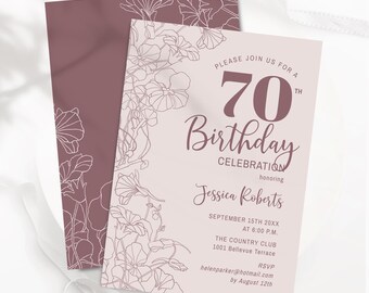 Inbjudan till 70-årsdag, blommigt blush rosa, mauve, utskrivbar inbjudan, digital mall för direktnedladdning