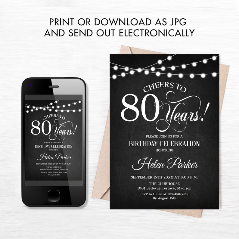 80th Birthday Party Invitation. INSTANT DOWNLOAD Editable DIY | Etsy