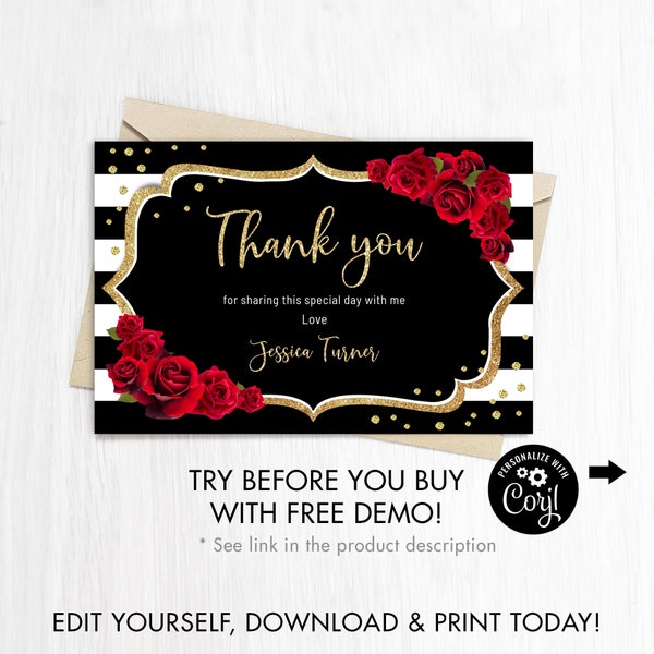 Thank You Card - INSTANT DOWNLOAD Digital Template. Black White Stripes Gold Red Roses. Printable