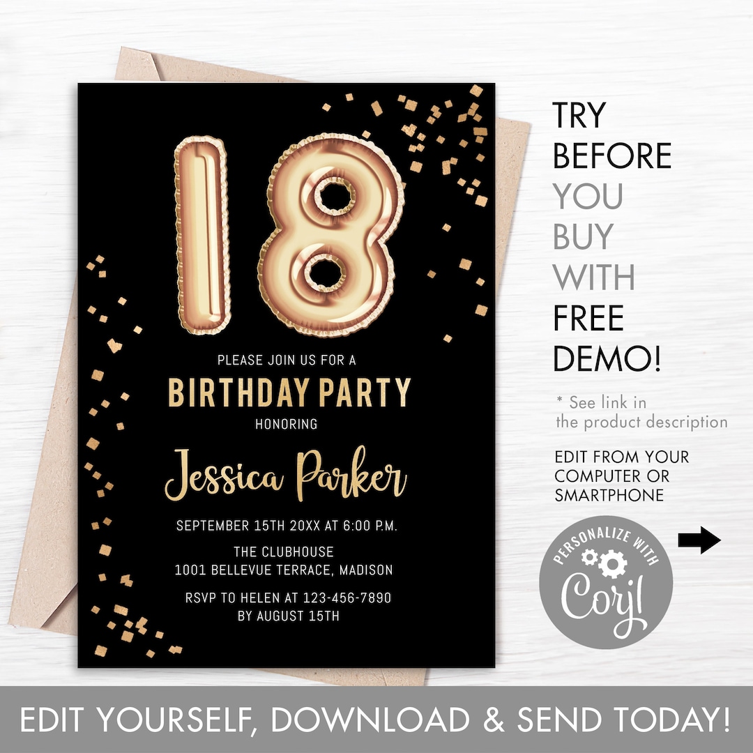 18th Birthday Party Invitation INSTANT DOWNLOAD Digital Template. Black Gold Balloons. Adult Birthday Invite - Etsy 18th-birthday-party-invitation-instant-download-digital-template-black-gold-balloons-adult-birthday-invite-etsy