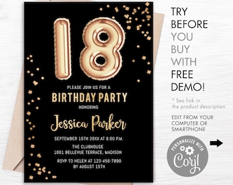 May include: Black and gold birthday party invitation with a gold foil number 18 balloon. The invitation text reads "Please join us for a birthday party honouring Jessica Parker, September 15th 20XX at 6:00 PM, The Clubhouse, 1001 Bellevue Terrace, Madison, RSVP to Helen at 123-456-7890 by August 15th".