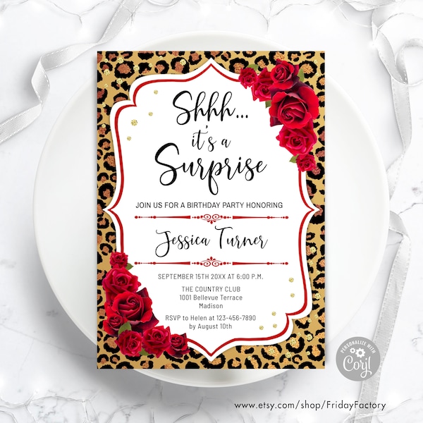 Surprise Birthday Invitation - INSTANT DOWNLOAD Digital Template. ANY Age. Leopard Print. Glitter Gold White Red Roses Bday Invite