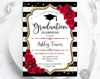 Floral Graduation Invitation: Black, White, Gold, and Red (Digital Template)