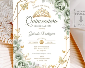 Sage Green Floral Quinceañera Invitation, Watercolor Roses (EDITABLE TEMPLATE)